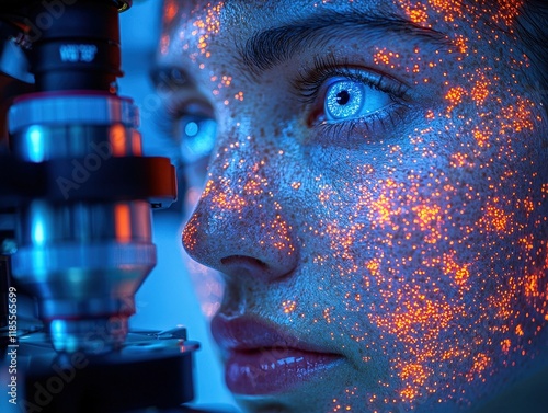 Microscopic skin analysis reveals glowing orange particles. Potential applications include dermatological research and personalized skincare. photo