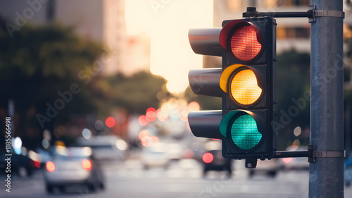 Close-up of a traffic light on a city street, symbolizing urban traffic regulation and order, representing transportation safety and city infrastructure concepts.