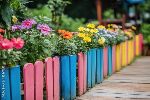 Colorful flowerpots line a vibrant painted wooden fence photo