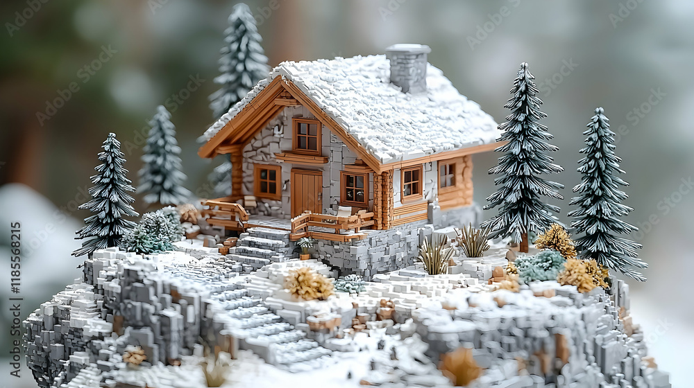 Miniature snowy cabin on cliff, winter forest background, idyllic scene, real estate marketing. Miniature snowy cabin on cliff, winter forest background, idyllic scene, real estate marketing.