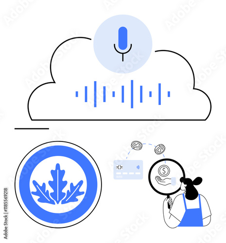 Stylized elements including a voice command icon within a cloud, an oak leaf medallion, a person analyzing a credit card, and currency symbols. Ideal for finance, technology, digital transactions