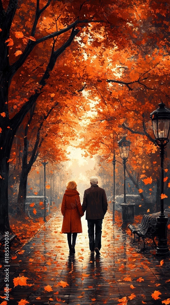 A couple walks hand-in-hand through a serene, autumn park filled with vibrant orange leaves. A couple walks hand-in-hand through a serene, autumn park filled with vibrant orange leaves.