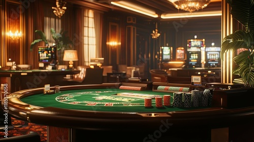 Elegant Casino Baccarat Table: Luxurious Interior, Dramatic Lighting