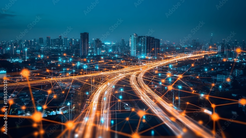 Fototapeta premium Night Cityscape Illuminated Highway Network Connections