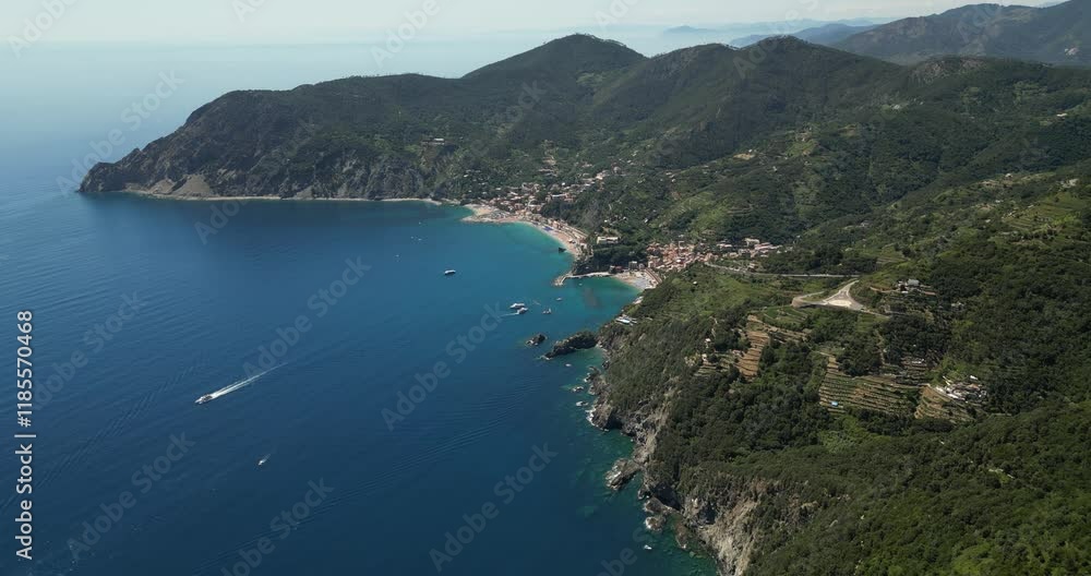 Rugged Italian Riviera Coastline Of Cinque Terre In The Northwest of Italy. Aerial Drone Shot Rugged Italian Riviera Coastline Of Cinque Terre In The Northwest of Italy. Aerial Drone Shot