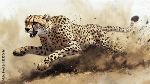 Cheetah running fast, kicking up dust in the desert. photo