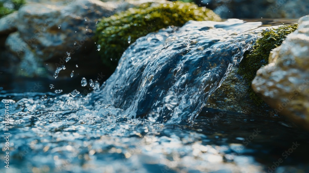 Fototapeta premium Crystal Clear Cascading Water Flowing Over Rocks in Nature