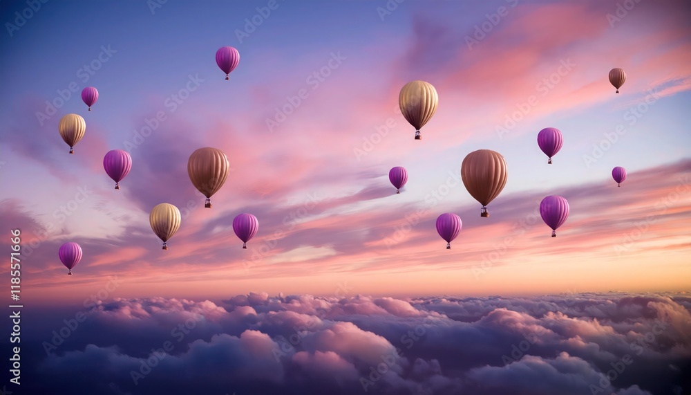 Obraz premium Serene 3D Render of Vibrant Balloons Against a Sunset Sky with Warm Orange and Pink Hues