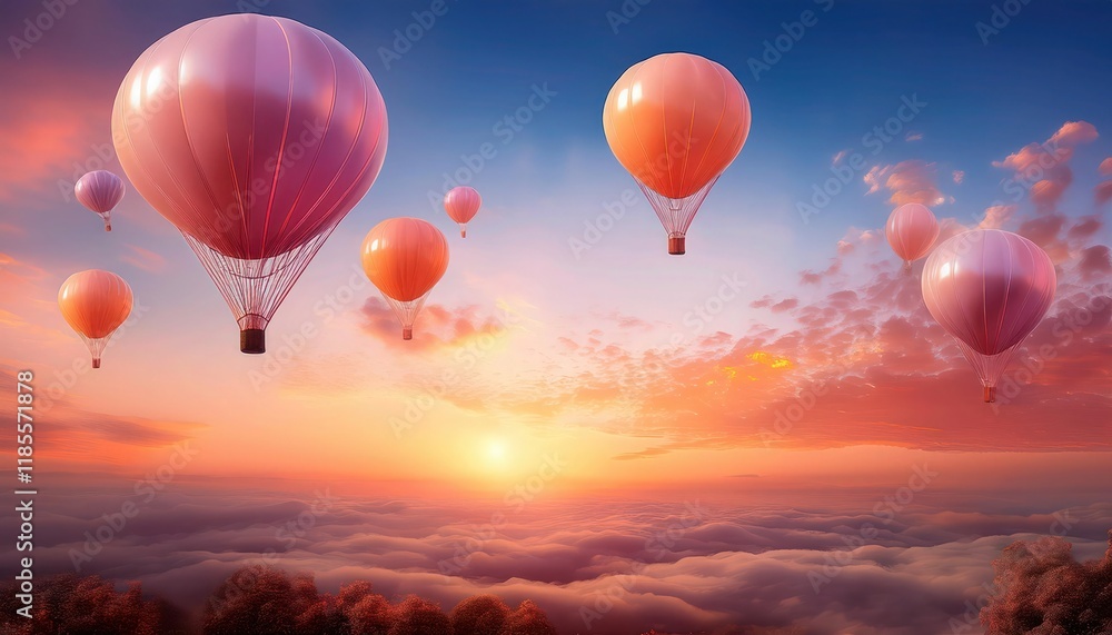 Serene 3D Render of Vibrant Balloons Against a Sunset Sky with Warm Orange and Pink Hues Serene 3D Render of Vibrant Balloons Against a Sunset Sky with Warm Orange and Pink Hues