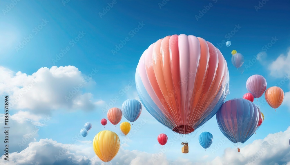 Obraz premium Vibrant 3D Render of Colorful Balloons Floating in a Clear Sky with Morning Clouds
