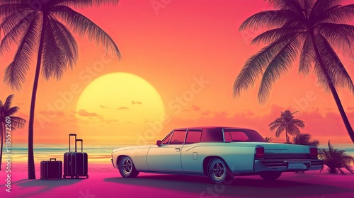 Classic Car Sunset: Tropical Beach Escape in Retro Style
