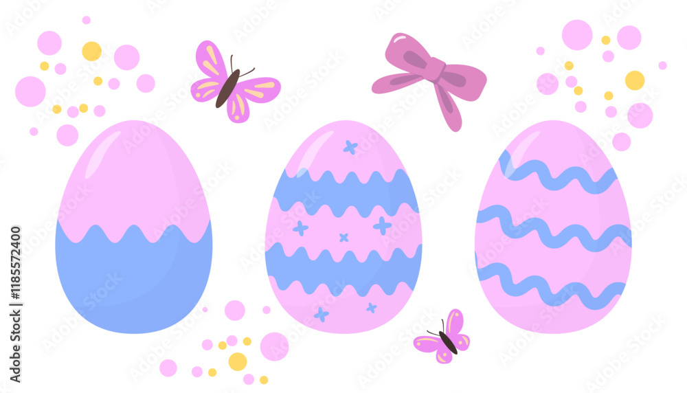 Pastel-colored Easter eggs with patterns, surrounded by butterflies, bow, and bubbles on a white background. Festive holiday concept Pastel-colored Easter eggs with patterns, surrounded by butterflies, bow, and bubbles on a white background. Festive holiday concept