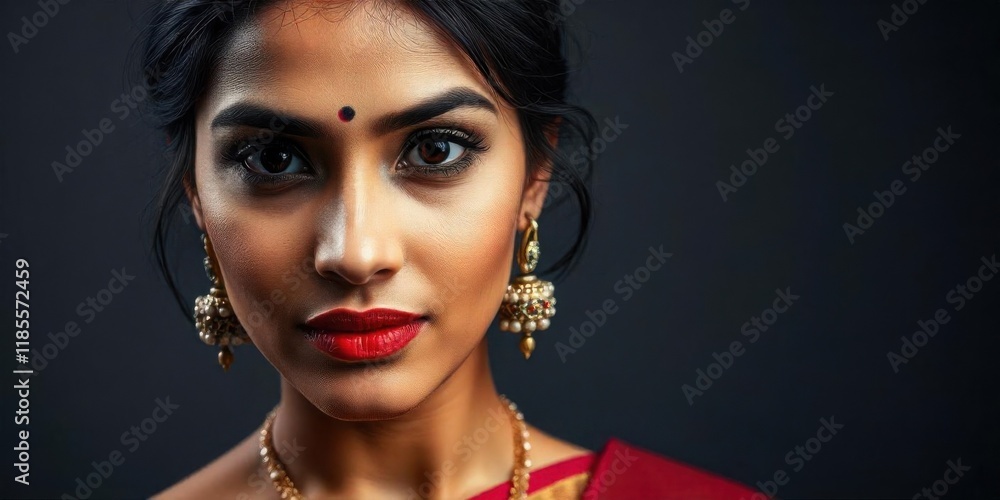Fototapeta premium A young Indian woman with dark hair and brown eyes, wearing sari and traditional Indian jewelry including earrings and a necklace, against a dark studio background