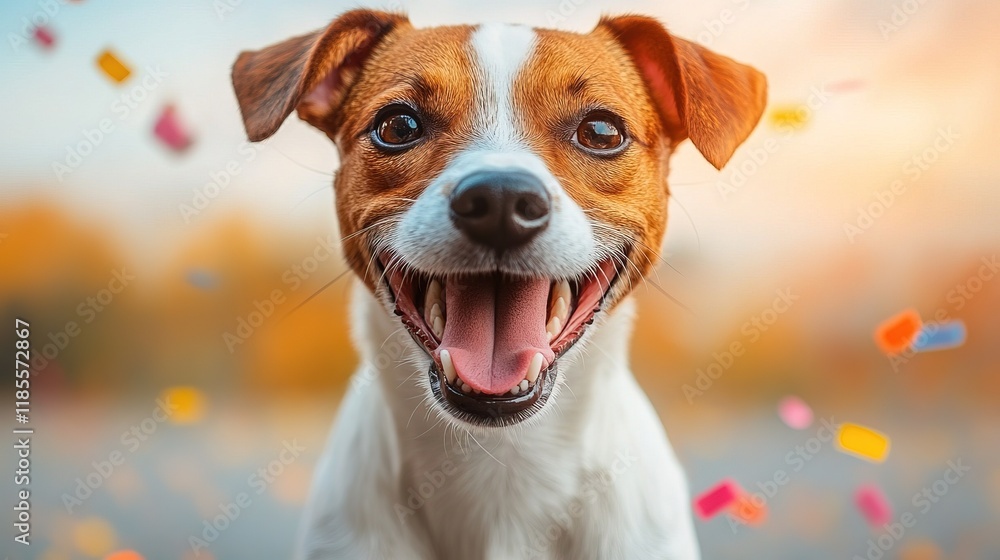 A joyful dog smiling with a blurred background and colorful confetti, capturing a moment of happiness. A joyful dog smiling with a blurred background and colorful confetti, capturing a moment of happiness.