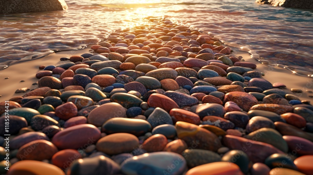 Obraz premium Serene Sunset Colorful Beach Stones and Gentle Waves at Golden Hour