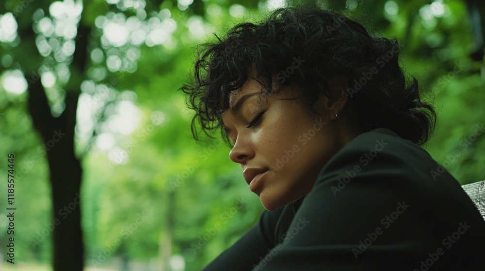 Serene Woman with Curly Hair Deep in Thought in Lush Green Park Serene Woman with Curly Hair Deep in Thought in Lush Green Park