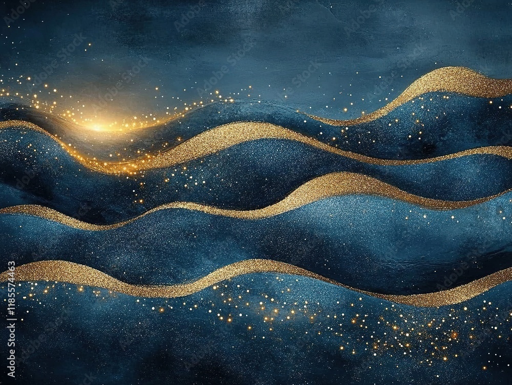 An abstract design featuring flowing waves in deep blue with golden accents and sparkling elements. An abstract design featuring flowing waves in deep blue with golden accents and sparkling elements.