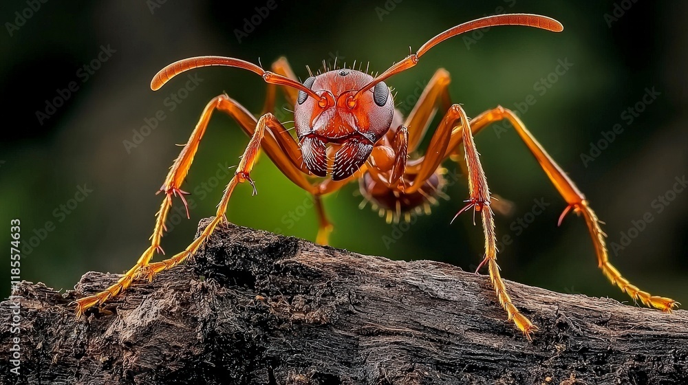 Fototapeta premium Weaver ants interacting on nature's canvas rainforest habitat macro photography vibrant background close-up perspective