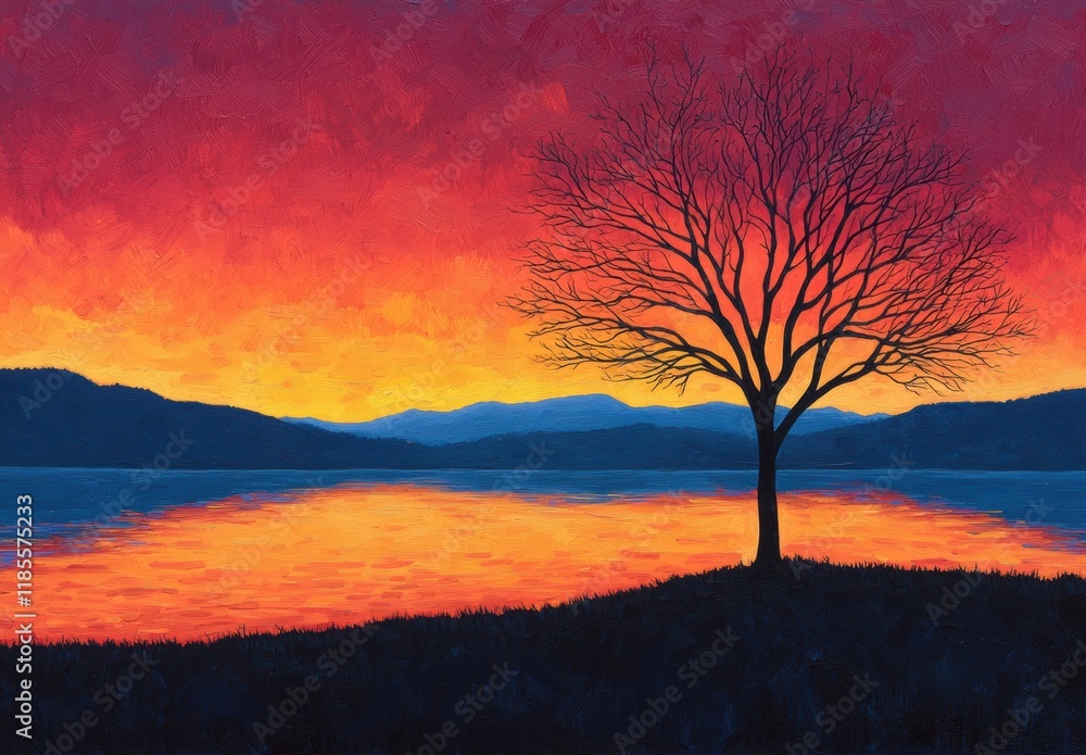 Fototapeta premium Dramatic Sunset Landscape with Silhouette of Bare Tree and Water
