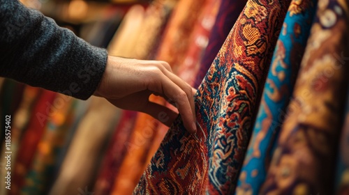 Hand Touching Colorful Fabrics in Textile Store Collection