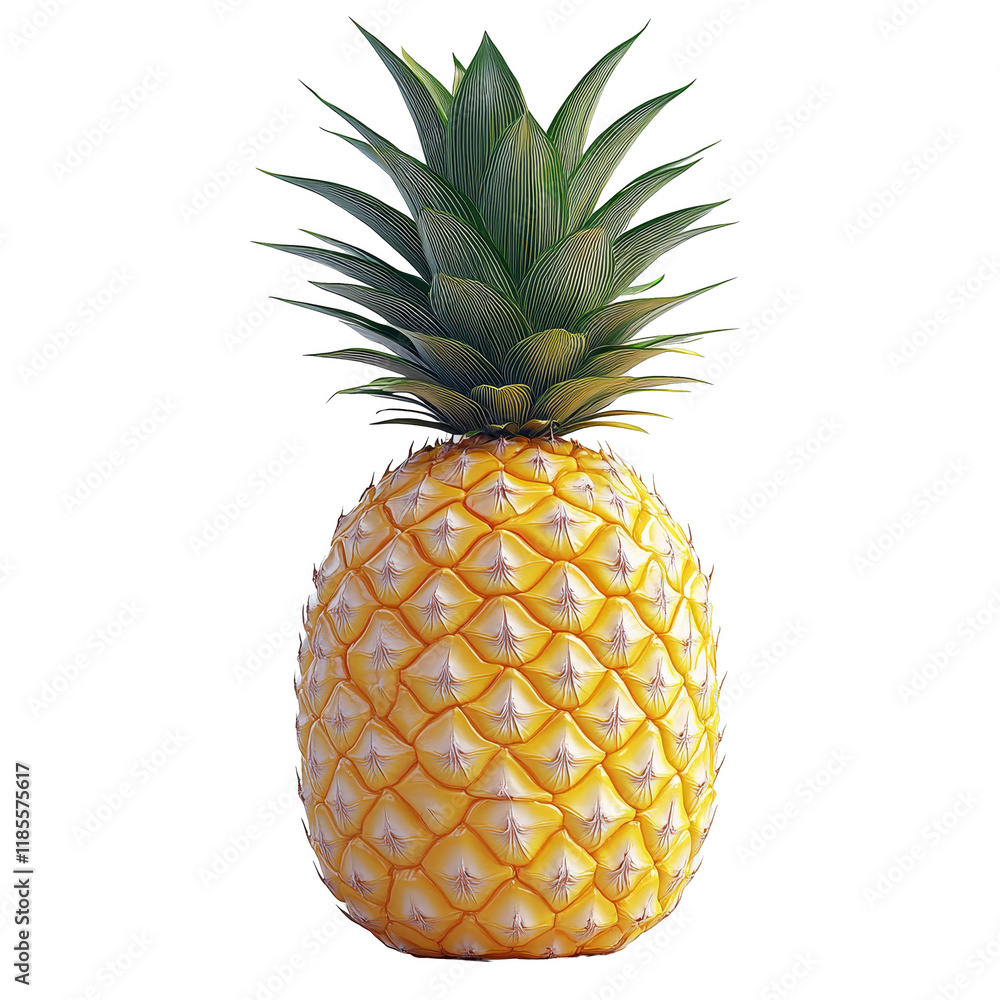 Fresh pineapple with vibrant yellow skin and green leaves on a white isolated background. Fresh pineapple with vibrant yellow skin and green leaves on a white isolated background.