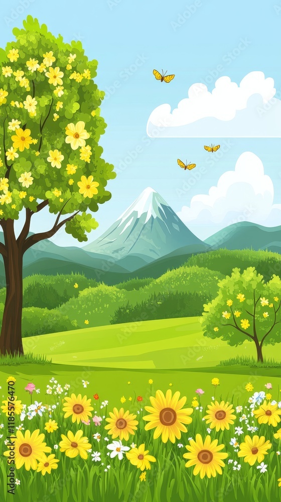 Fototapeta premium Idyllic Spring Landscape with Blossoming Tree, Sunflowers, and Distant Mountains