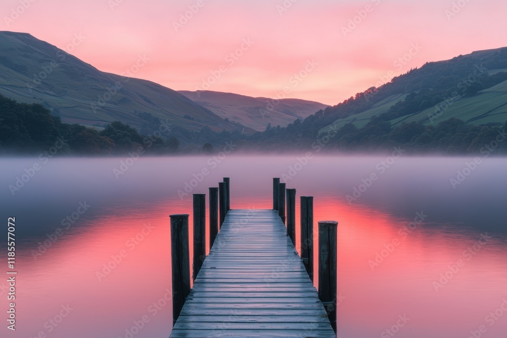 Obraz premium Serene Misty Dock with Vibrant Sunset over Calm Lake Landscape