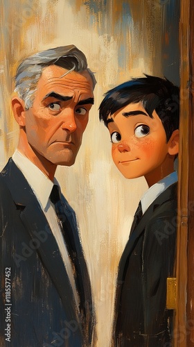 A serious man and a smiling boy stand together, suggesting a connection or relationship, possibly in a formal setting.