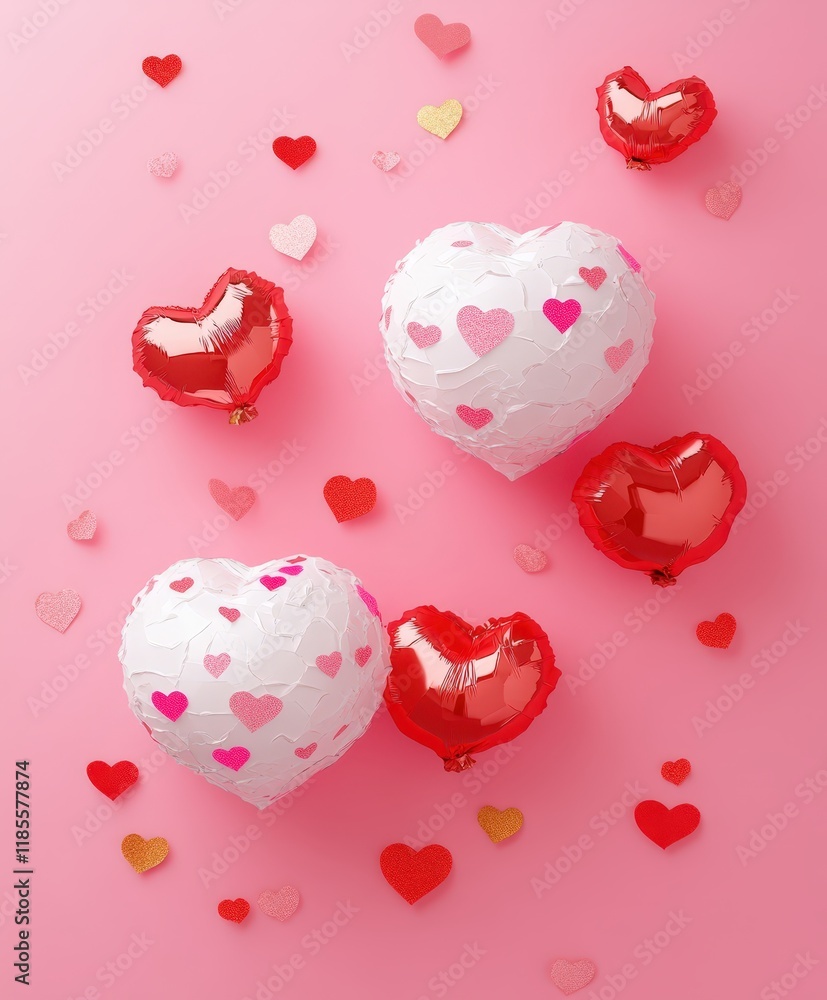 Fototapeta premium Heart-shaped balloons float gracefully on a pink surface, surrounded by scattered hearts, creating a whimsical Valentine's Day atmosphere.