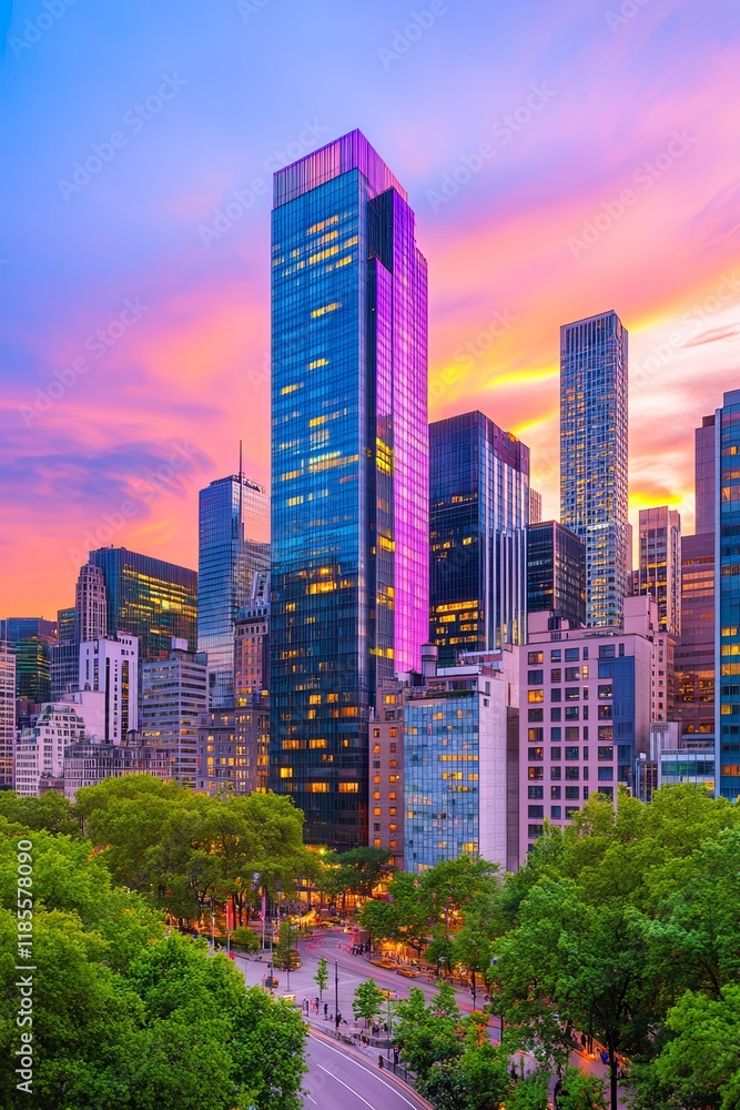 Fototapeta premium Panoramic Cityscape with Modern Architecture at Sunset
