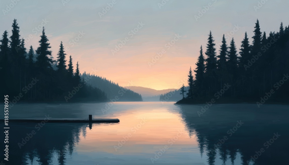 Fototapeta premium Serene Lake at Dawn Surrounded by Lush Evergreen Forests