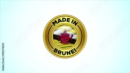 Made in Brunei, golden badge with the Brunei national flag animation