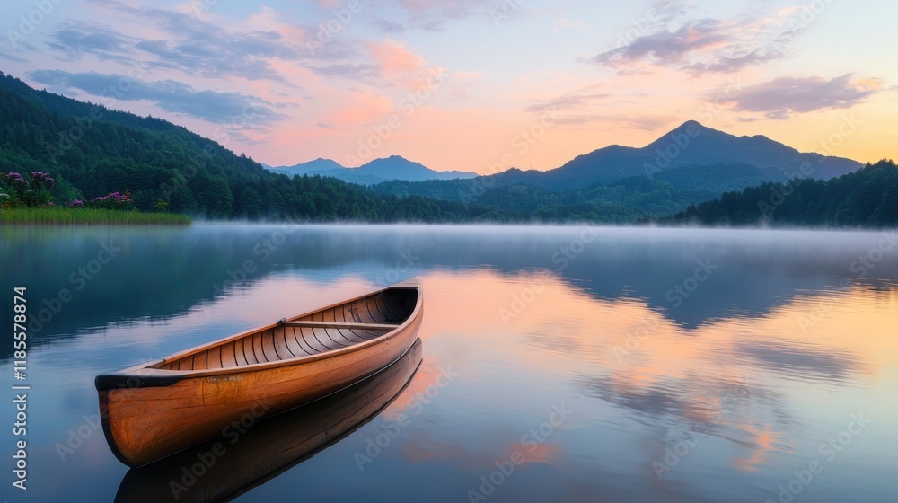 Serene Early Morning Canoe on Calm Lake with Misty Mountains Serene Early Morning Canoe on Calm Lake with Misty Mountains