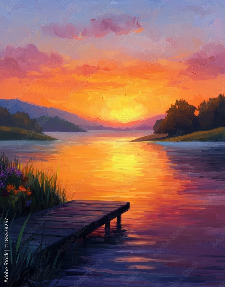 Serene Sunset Over Calm Lake with Vibrant Sky and Reflection Serene Sunset Over Calm Lake with Vibrant Sky and Reflection