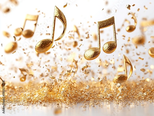 Gold notes with confetti, isolated on white, for music themes photo