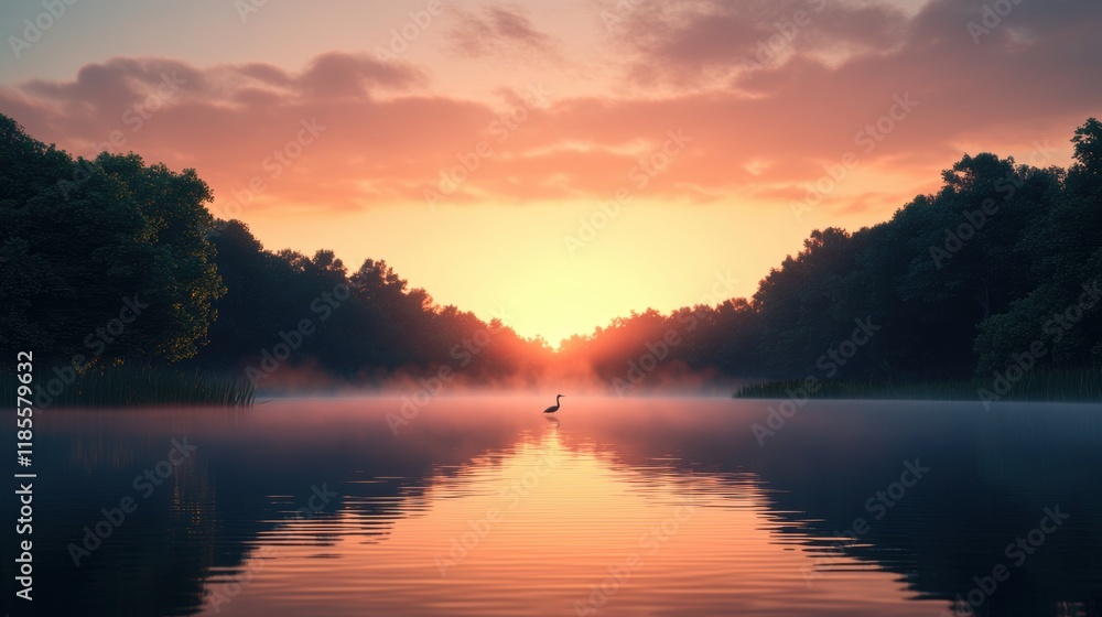 Obraz premium Tranquil Sunset Over Still Water with Silhouette of Bird