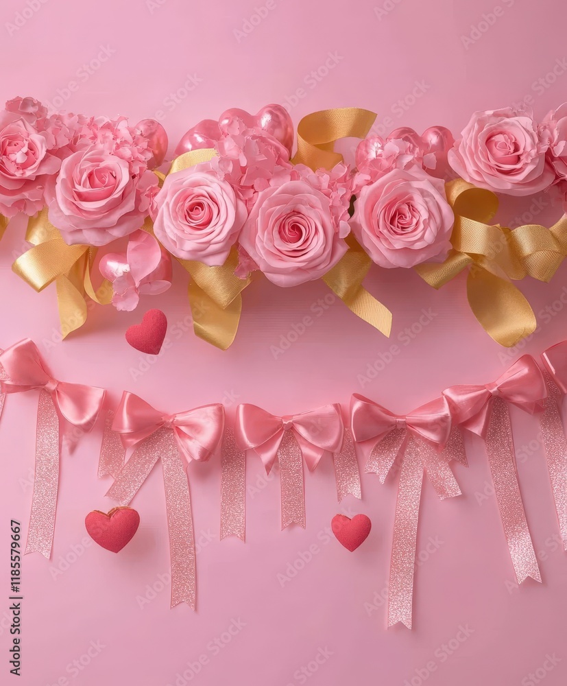 A charming scene of pink roses and delicate hearts dances on a soft pink background, radiating love and warmth for Valentine's Day. A charming scene of pink roses and delicate hearts dances on a soft pink background, radiating love and warmth for Valentine's Day.