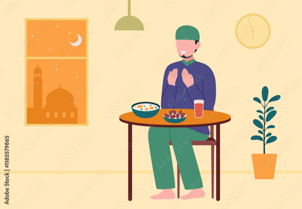 Muslim praying before having iftar during Ramadan vector design illustration Muslim praying before having iftar during Ramadan vector design illustration