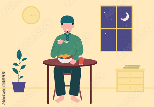 Muslim having suhoor or eating early in Ramadan vector design illustration