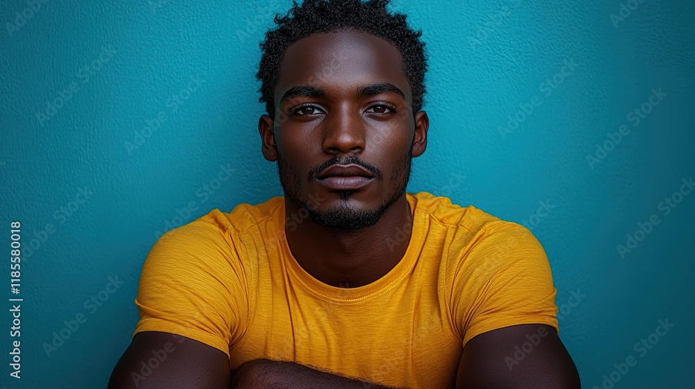 Obraz premium A portrait of a young man with a serious expression, set against a vibrant teal background.