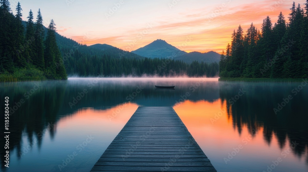 Serene Sunset over Calm Lake with Pier and Misty Mountains Serene Sunset over Calm Lake with Pier and Misty Mountains