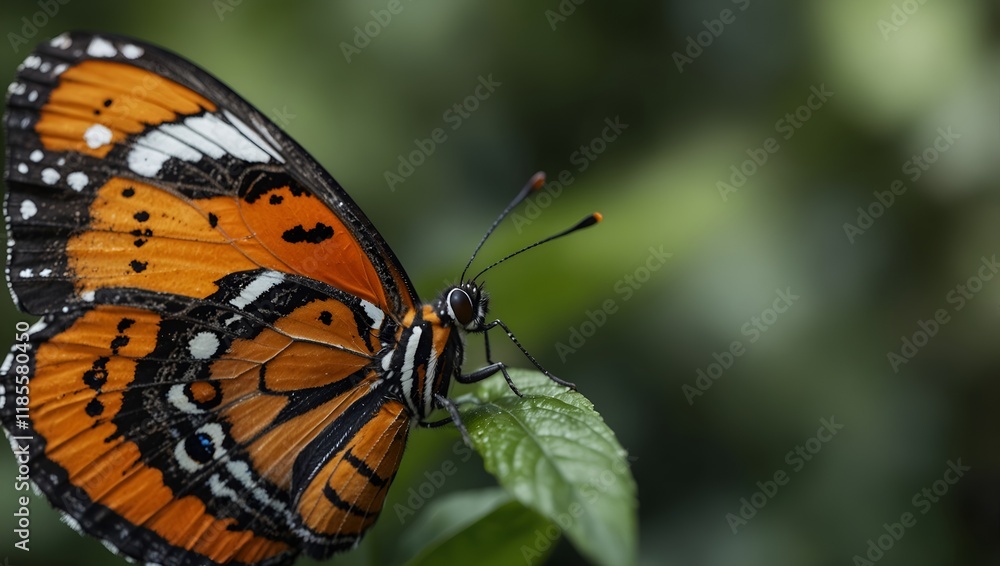 Obraz premium A close-up view of a butterfly's delicate wings, showcasing intricate patterns in shades of orange, black, and white. The fine scales on the wings are visible with a soft bokeh background 