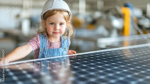 Young girl engaging with solar panels in innovative energy facility bright indoor environment inspiring future generations photo