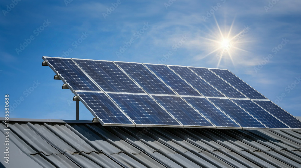 Clean solar panel installed on a roof with blue sky backdrop Clean solar panel installed on a roof with blue sky backdrop