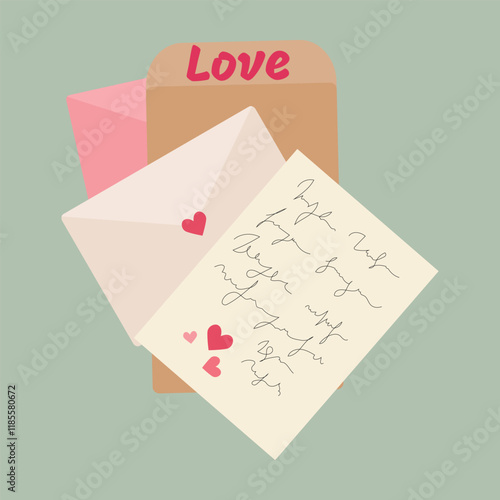 Valentines Day card of postal envelopes with love letters. Romantic letters and envelops with greeting postcards, holiday mails. Simple, minimalistic, holiday card.