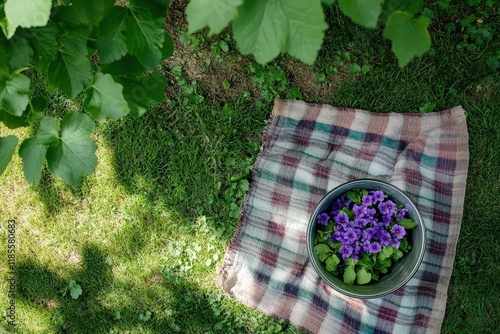 Purple flowers in a pot on a plaid blanket outdoors photo