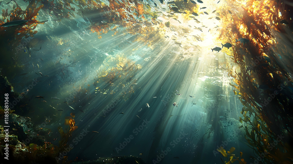 Sunbeams Illuminate Kelp Forest, Fish Swim, Underwater Ocean Scene, Nature Background, Stock Photo. Sunbeams Illuminate Kelp Forest, Fish Swim, Underwater Ocean Scene, Nature Background, Stock Photo.