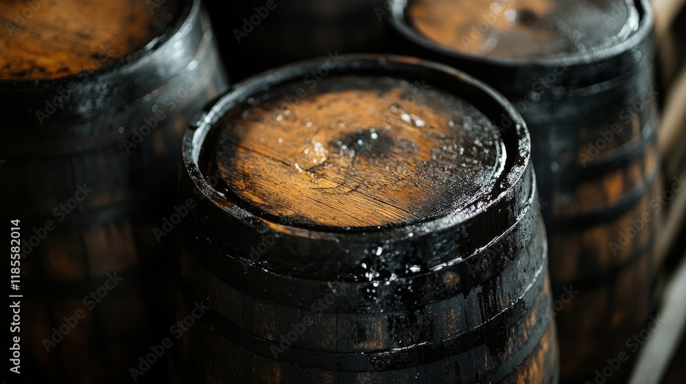 Black oil barrels on wooden surfaces for selective focus photography. Black oil barrels on wooden surfaces for selective focus photography.