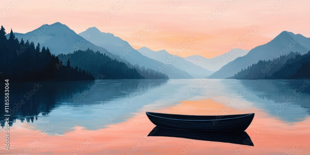 Serene Lake at Sunrise with a Boat Amidst Mountain Reflection Serene Lake at Sunrise with a Boat Amidst Mountain Reflection