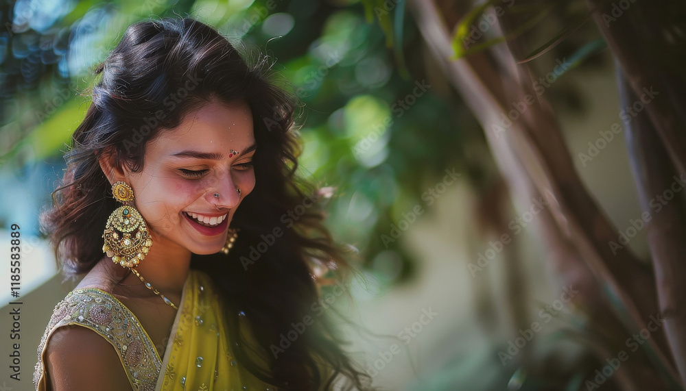 Fototapeta premium Young beautiful indian woman wearing jewelry giving happy expression